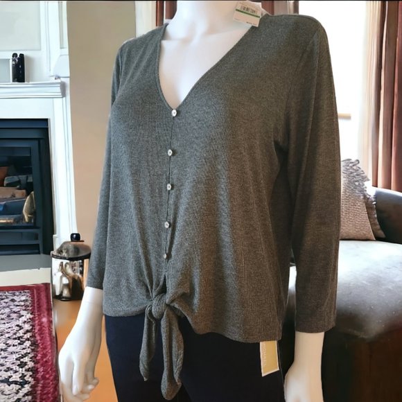 Michael Michael Kors Tie-Front Top. Derby Basics V-Neck. Gray NWT Size L - Picture 1 of 5
